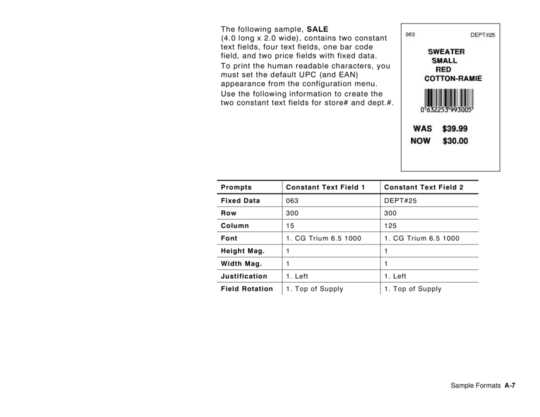 Paxar 6035 manual Prompts Constant Text Field Fixed Data 