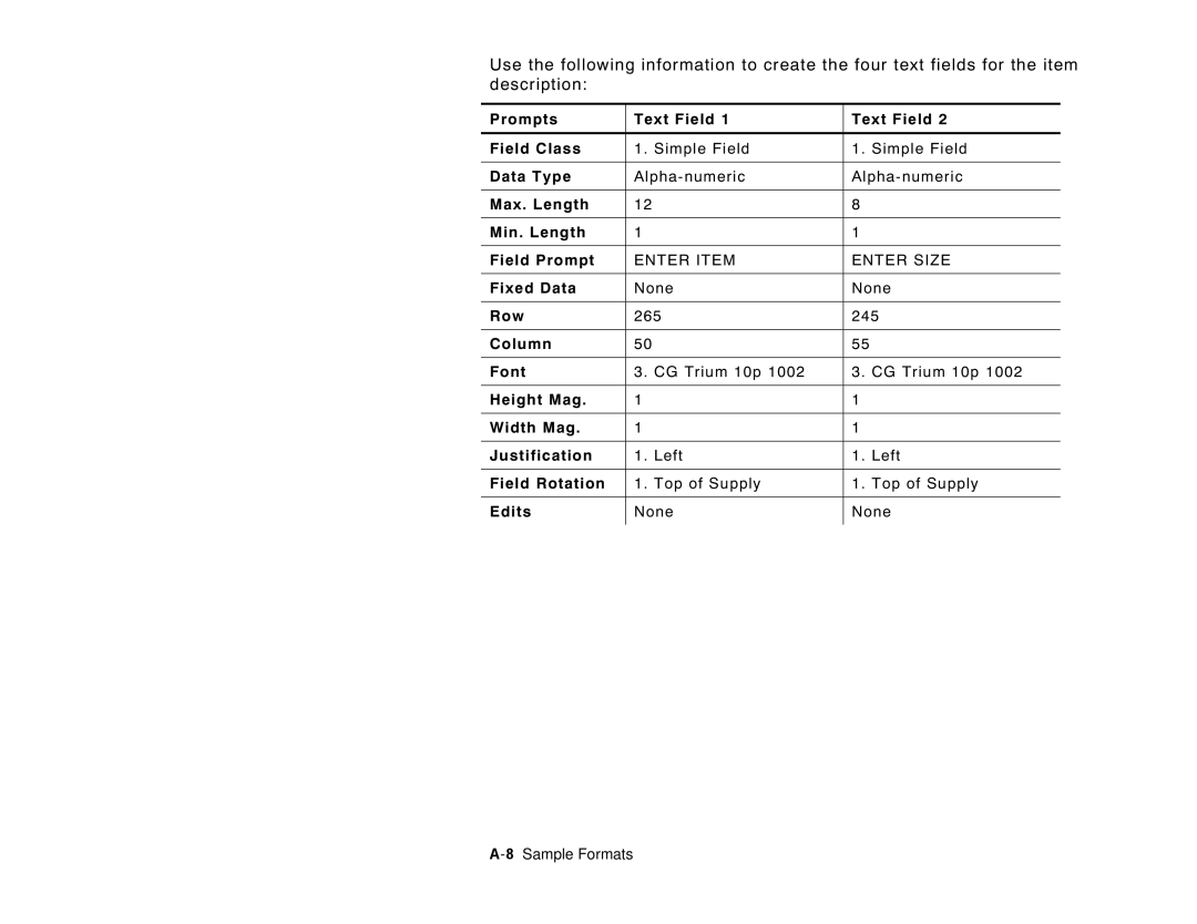 Paxar 6035 manual 265 245, Column Font, None 8Sample Formats 