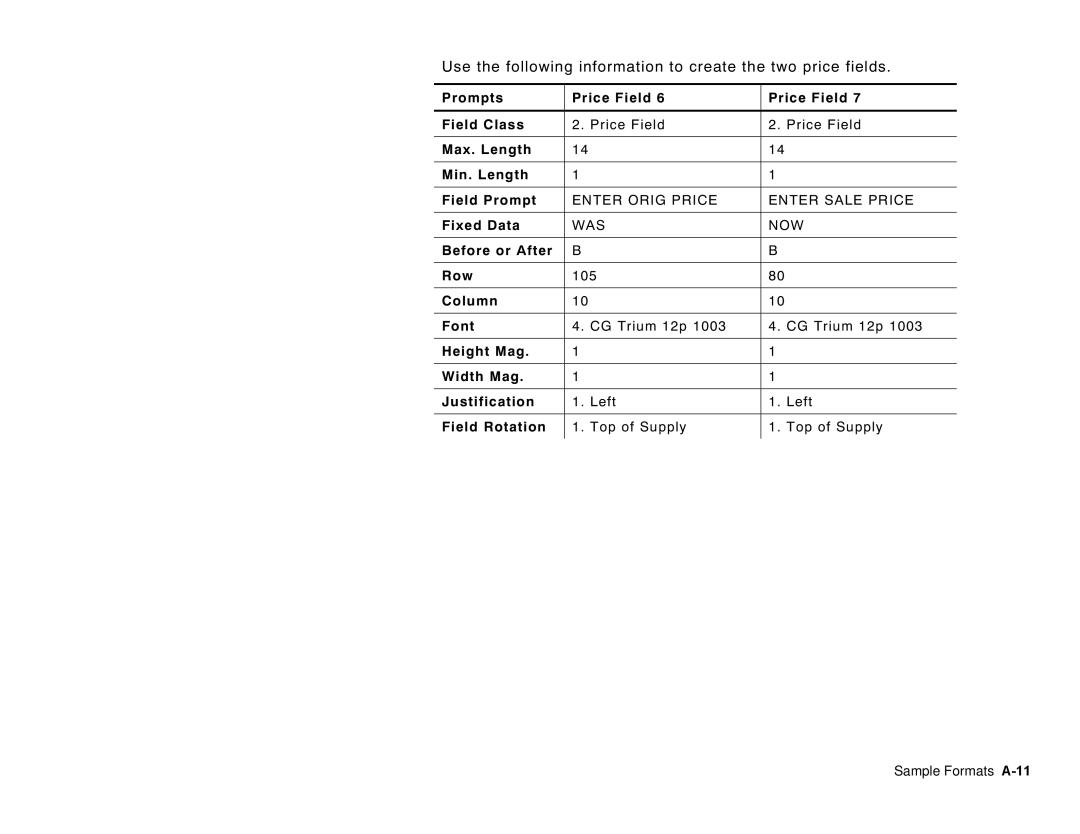 Paxar 6035 manual Before or After Row, Top of Supply Sample Formats A-11 