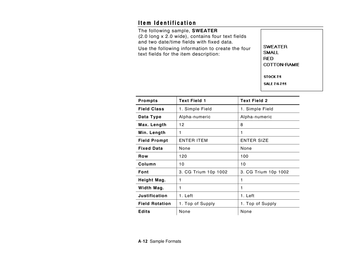 Paxar 6035 manual E m I d e n t i f i c a t i o n, 120 100, None 12Sample Formats 