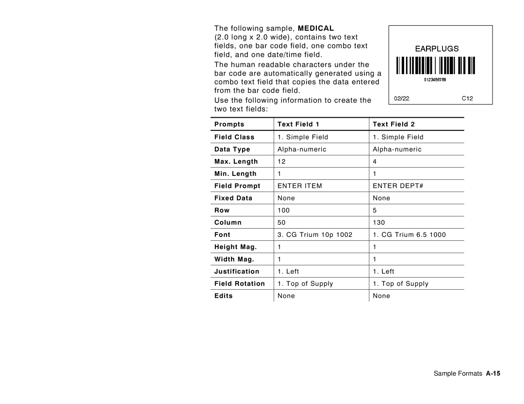 Paxar 6035 manual CG Trium 10p CG Trium 6.5, None Sample Formats A-15 