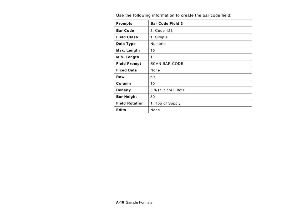 Paxar 6035 manual Code, Row Column Density, cpi 3 dots, Bar Height Field Rotation, 16Sample Formats 