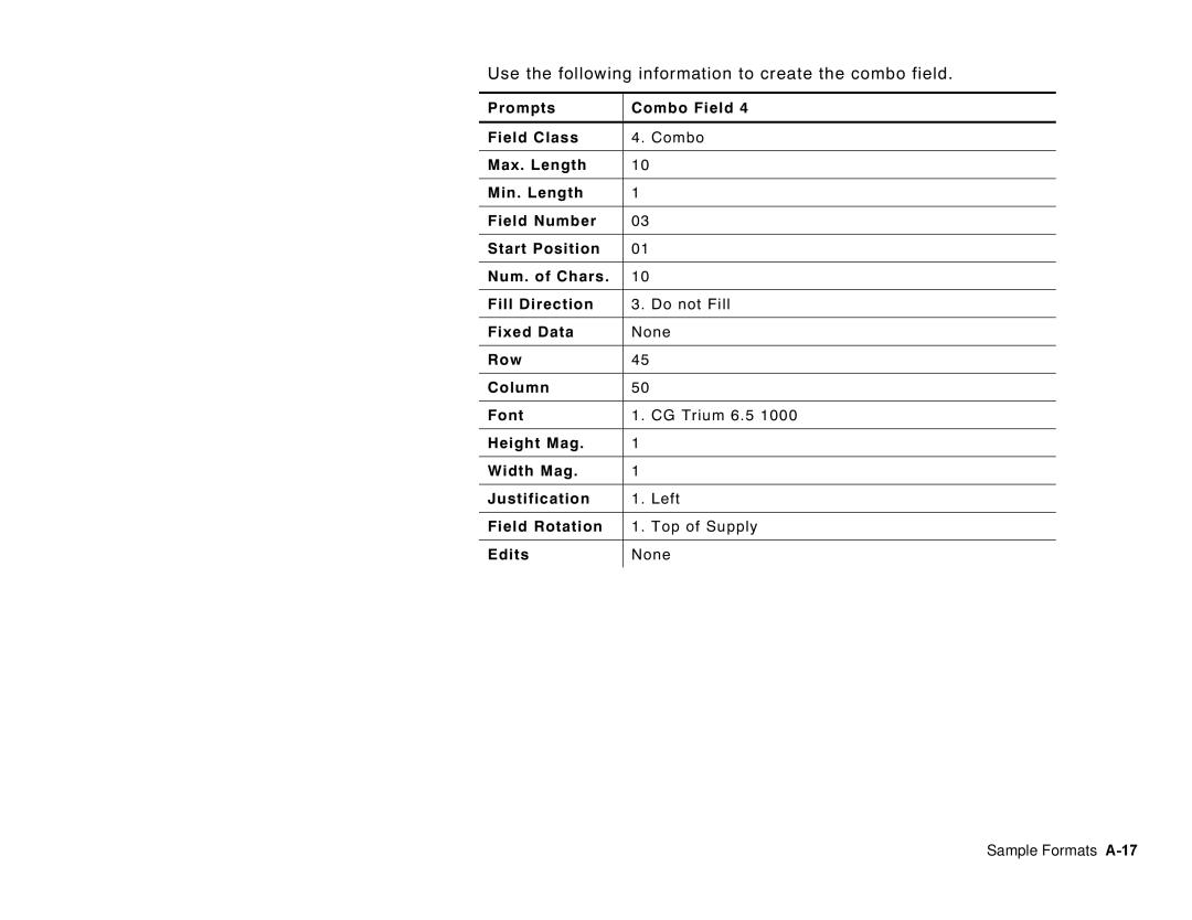 Paxar 6035 Use the following information to create the combo field, Prompts Combo Field Field Class, Sample Formats A-17 