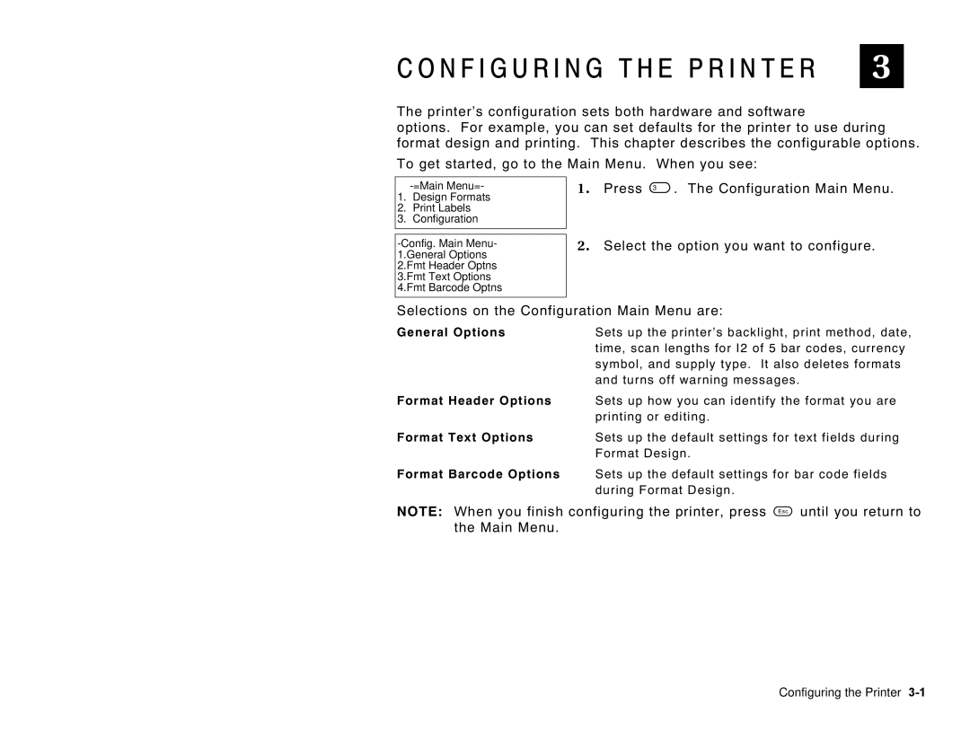 Paxar 6035 manual Press Configuration Main Menu, Until you return to 