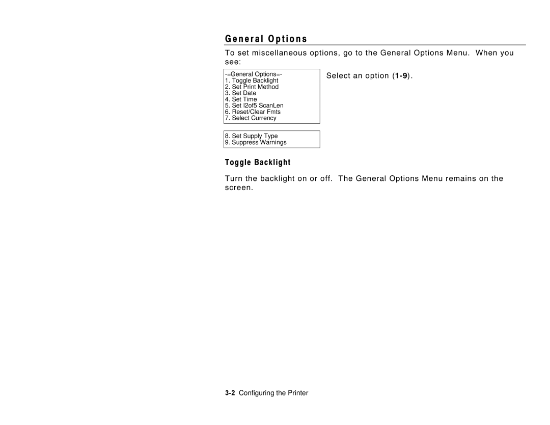 Paxar 6035 manual N e r a l O p t i o n s, Toggle Backlight, Select an option, 2Configuring the Printer 