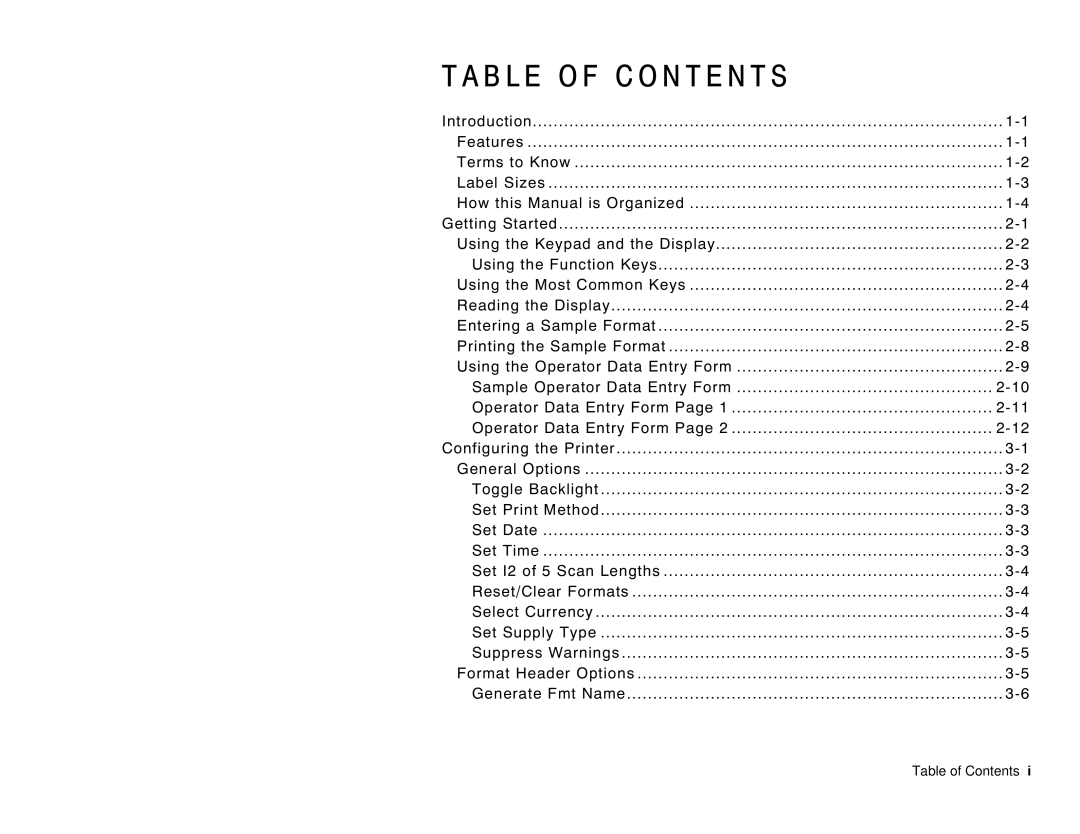 Paxar 6035 manual B L E O F C O N T E N T S, Table of Contents 