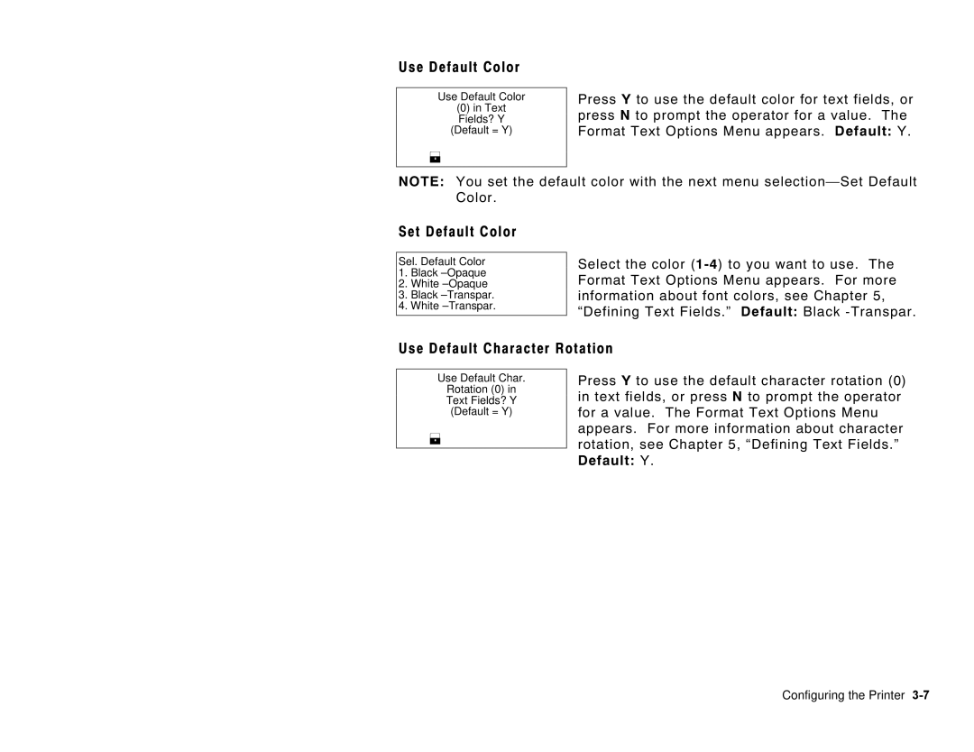 Paxar 6035 manual Use Default Color, Set Default Color, Use Default Character Rotation 