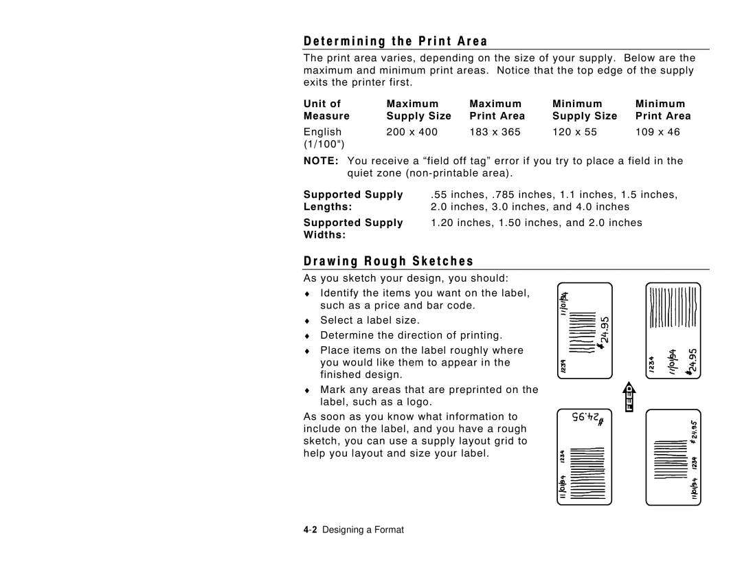 Paxar 6035 T e r m i n i n g t h e P r i n t a r e a, A w i n g R o u g h S k e t c h e s, Widths, 2Designing a Format 