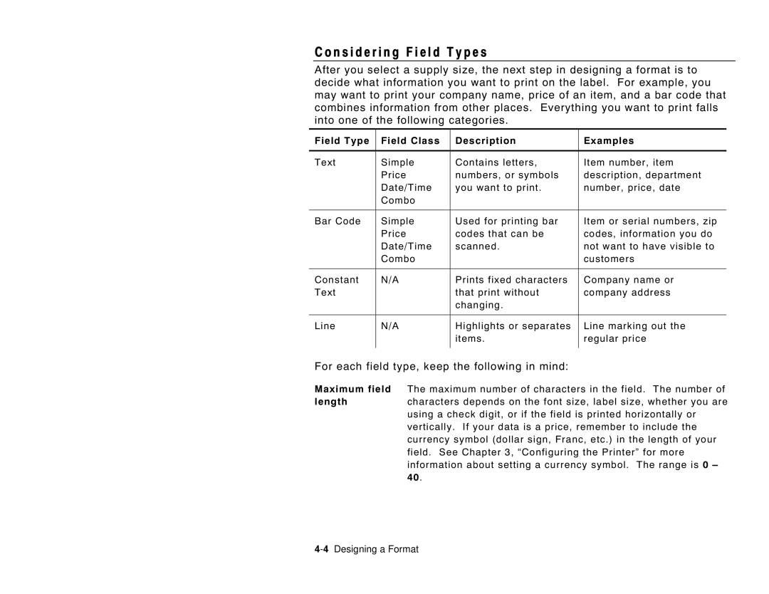 Paxar 6035 manual N s i d e r i n g F i e l d T y p e s, For each field type, keep the following in mind 