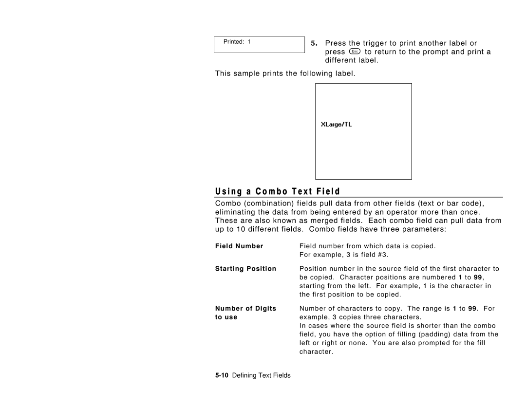 Paxar 6035 manual I n g a C o m b o T e x t F i e l d, Field Number, Starting Position, Number of Digits, To use 