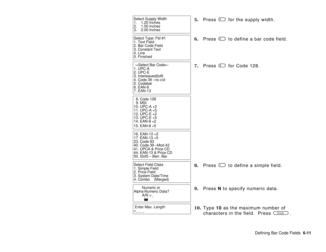 Paxar 6035 manual Defining Bar Code Fields 