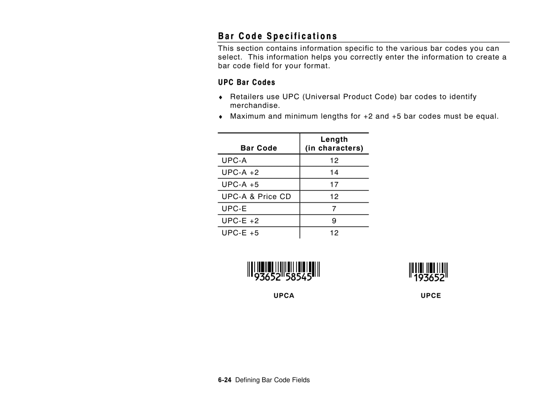 Paxar 6035 manual R codespecification s, UPC Bar Codes, Length, Bar Code Characters 