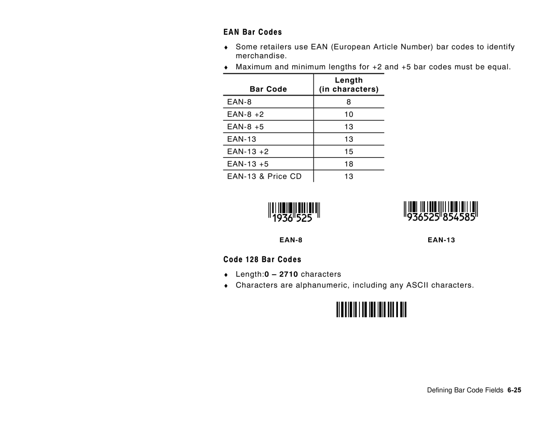 Paxar 6035 manual EAN Bar Codes, Code 128 Bar Codes, EAN-8 +2 EAN-8 +5 EAN-13 EAN-13 +2 Price CD, EAN-8 EAN-13 