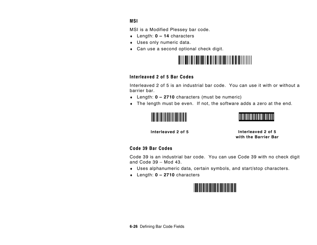 Paxar 6035 Interleaved 2 of 5 Bar Codes, Code 39 Bar Codes, Interleaved 2 With the Barrier Bar, 26Defining Bar Code Fields 