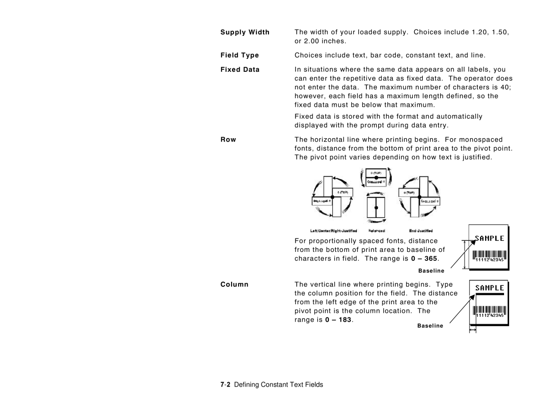 Paxar 6035 manual Displayed with the prompt during data entry, From the left edge of the print area to 