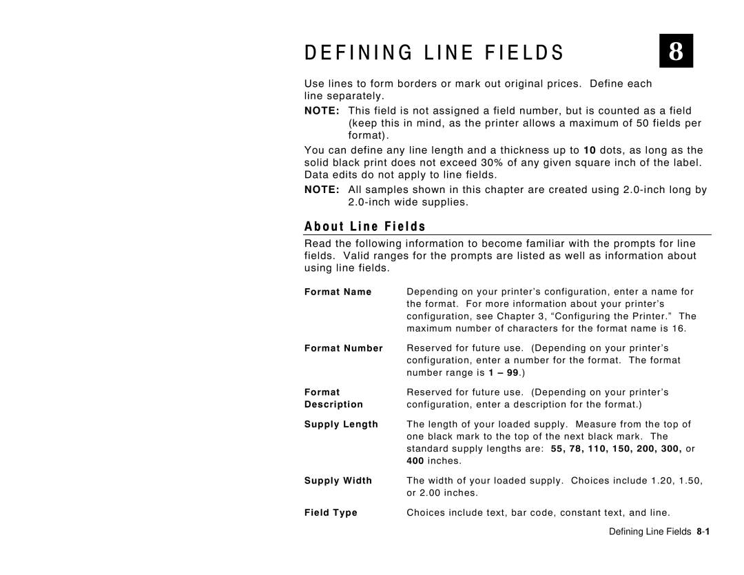 Paxar 6035 manual O u t L i n e F i e l d s, Defining Line Fields 8 