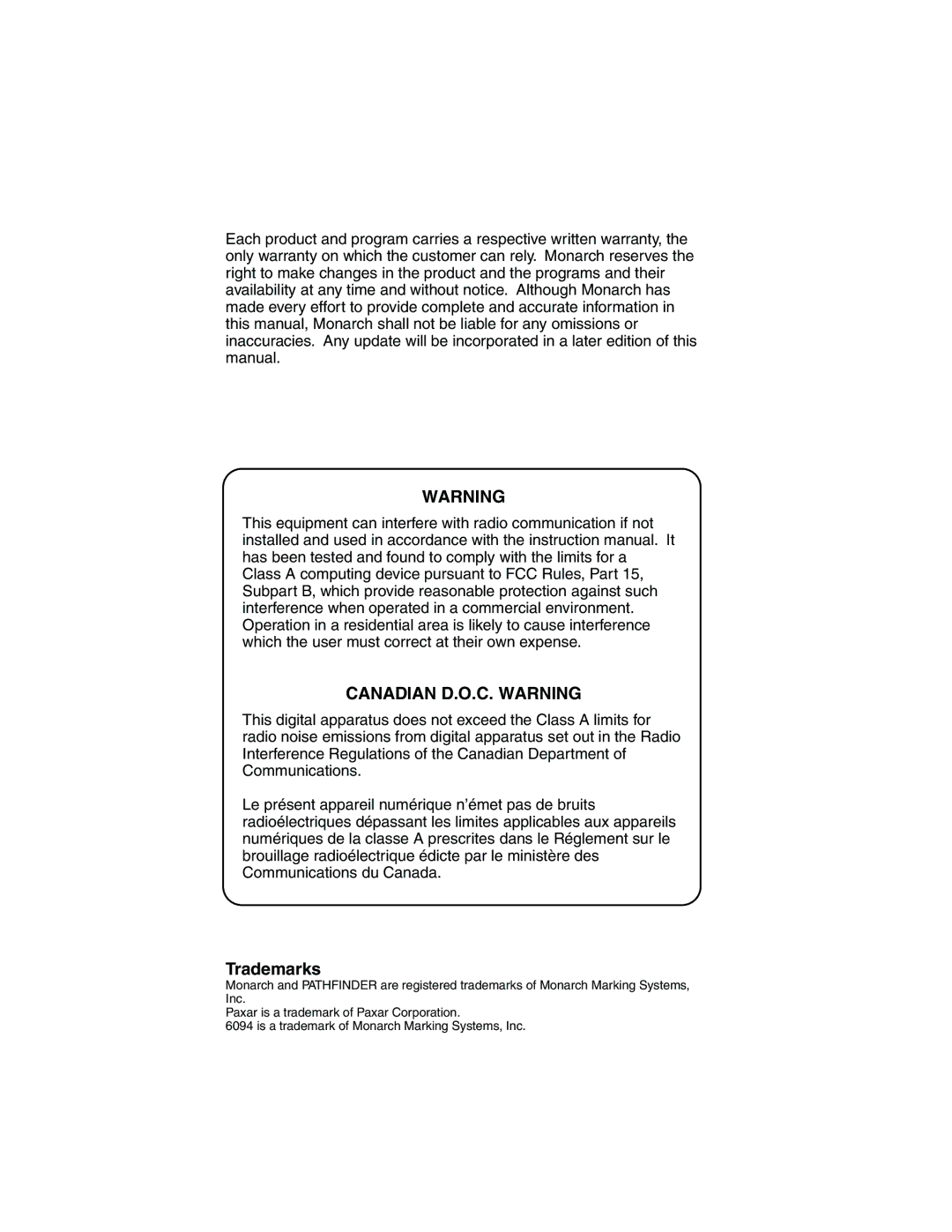 Paxar 6094 operating instructions Canadian D.O.C. Warning 