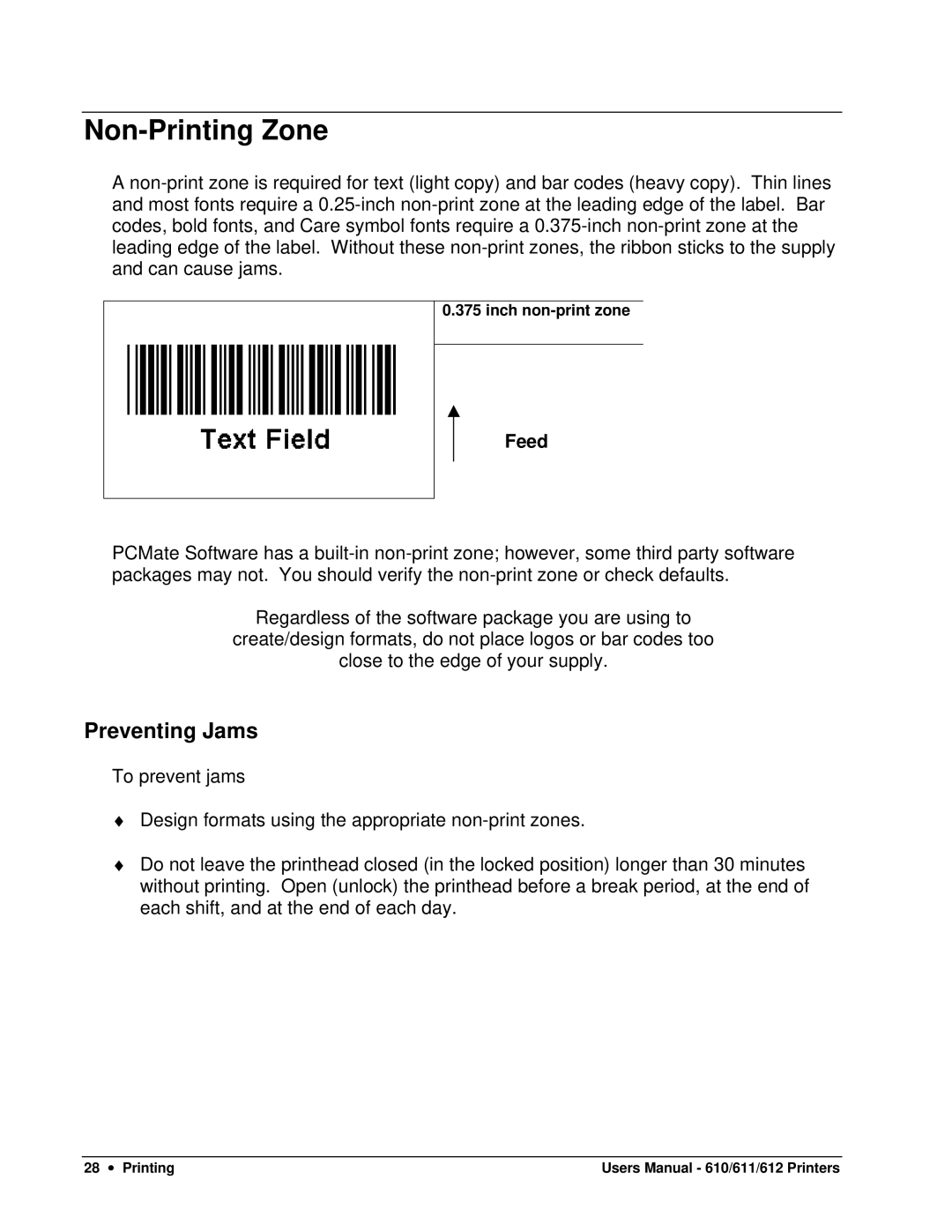 Paxar 612, 611, 610 user manual Non-Printing Zone, Preventing Jams 