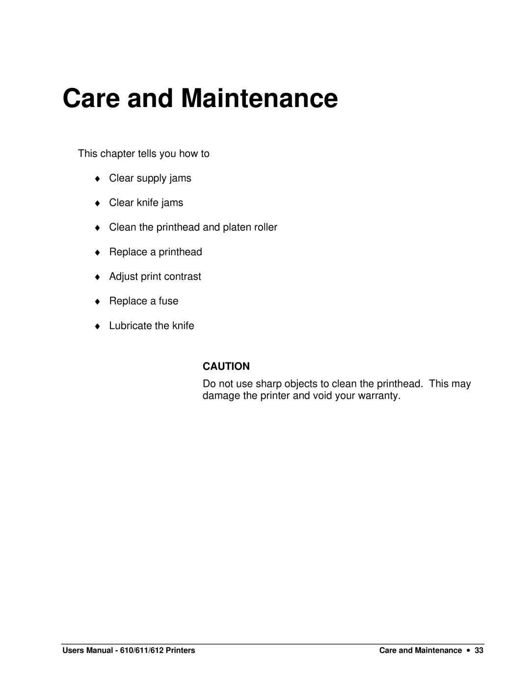 Paxar 610, 611, 612 user manual Care and Maintenance 