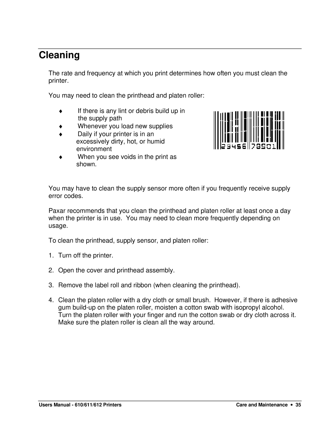 Paxar 611, 610, 612 user manual Cleaning 