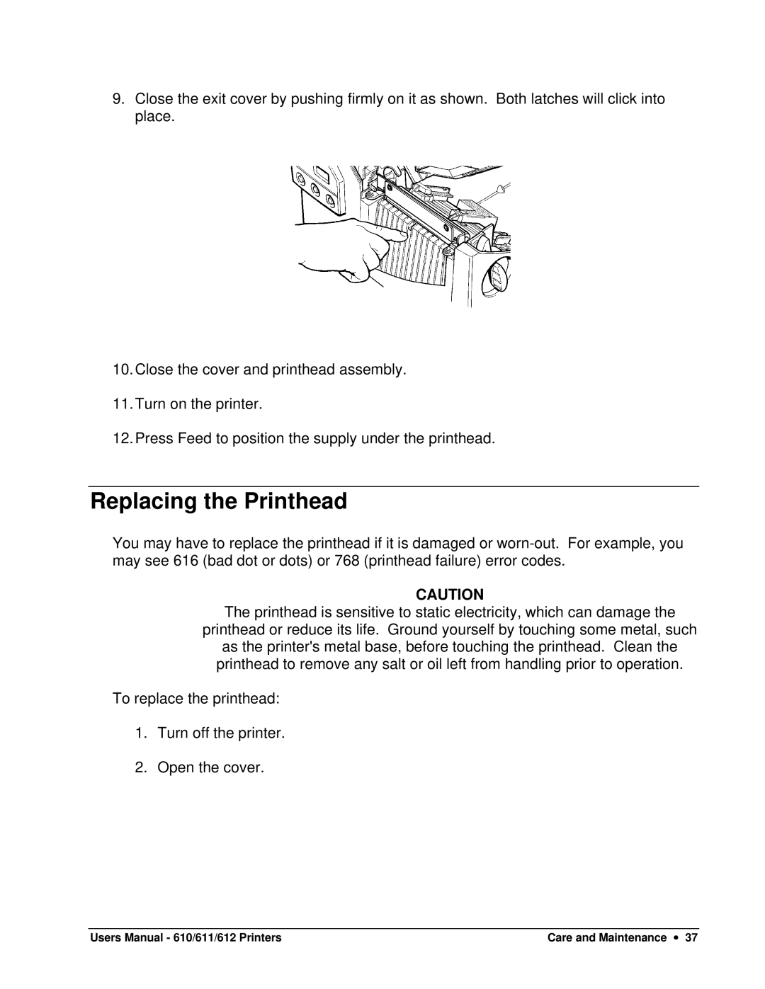 Paxar 612, 611, 610 user manual Replacing the Printhead 