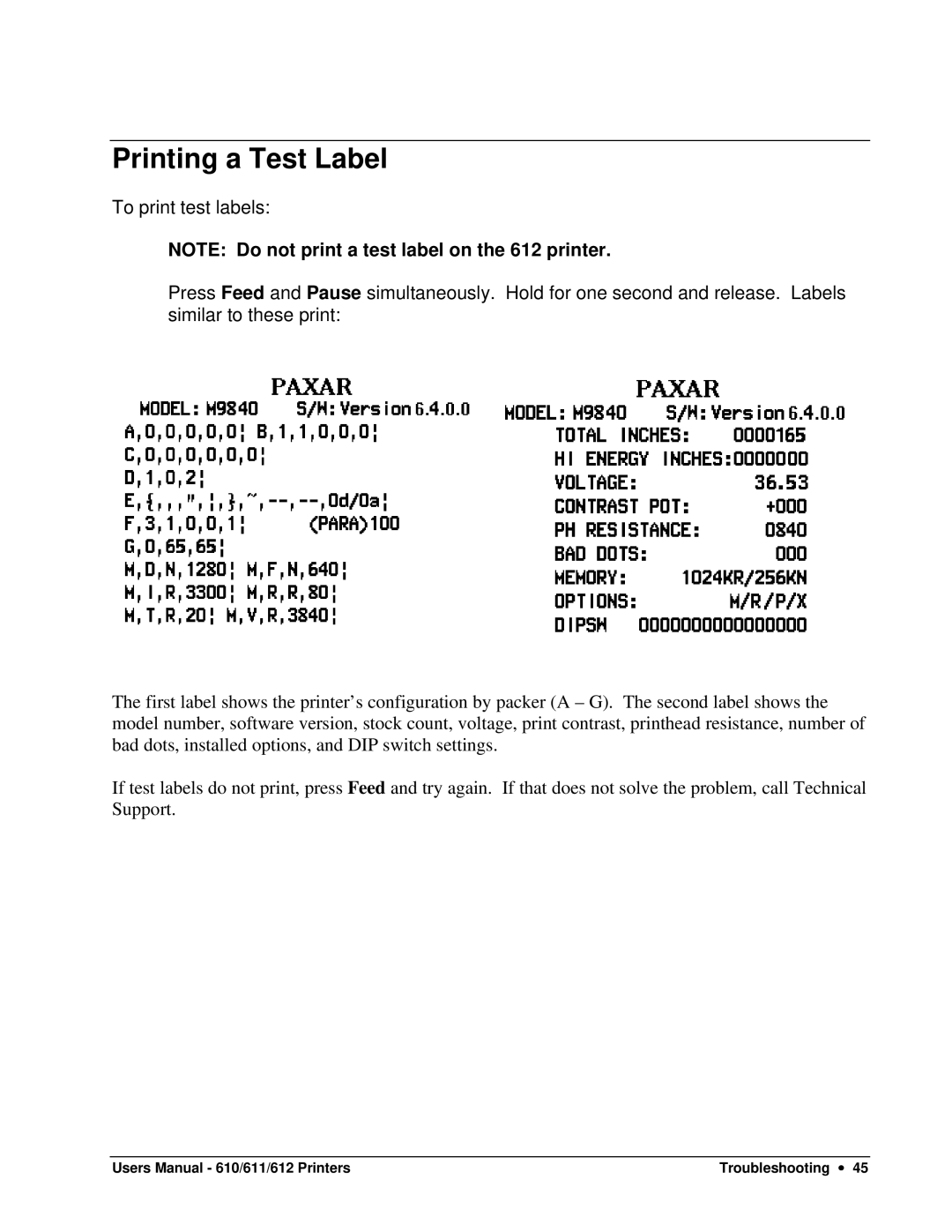 Paxar 610, 611, 612 user manual Printing a Test Label 