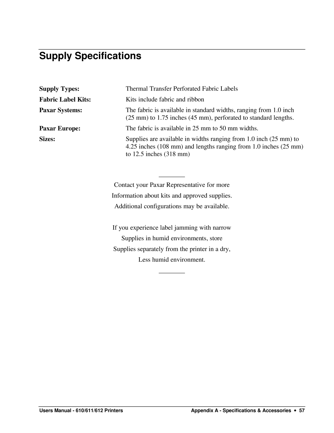 Paxar 610, 611, 612 user manual Supply Specifications, Paxar Systems 