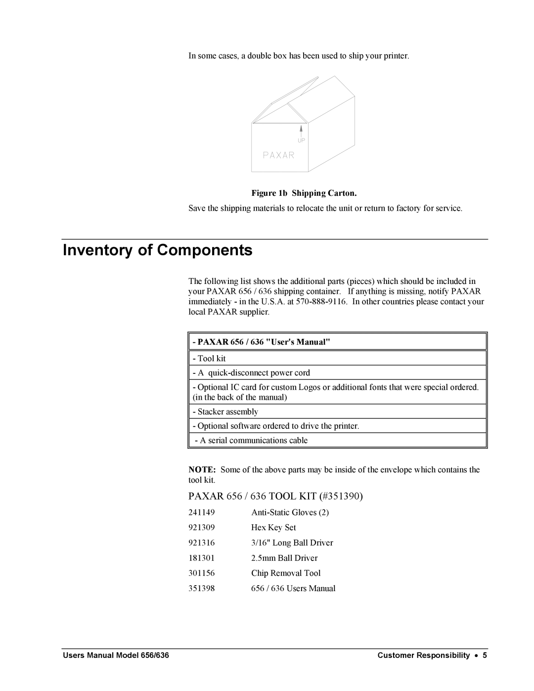 Paxar user manual Inventory of Components, Paxar 656 / 636 Tool KIT #351390 