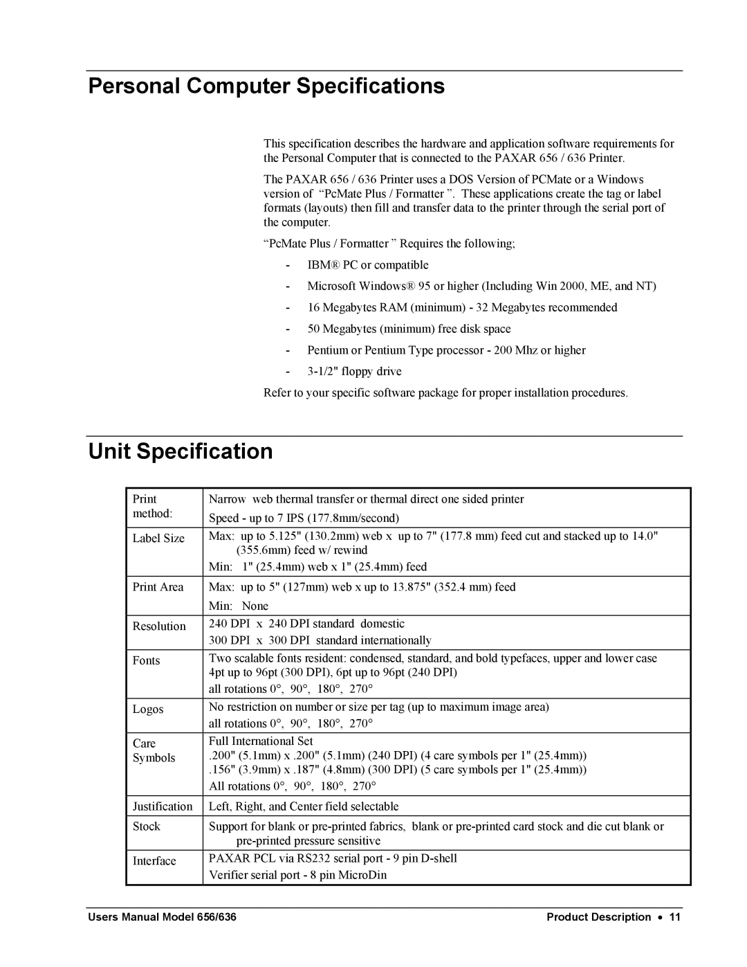 Paxar 656 / 636 user manual Personal Computer Specifications, Unit Specification 