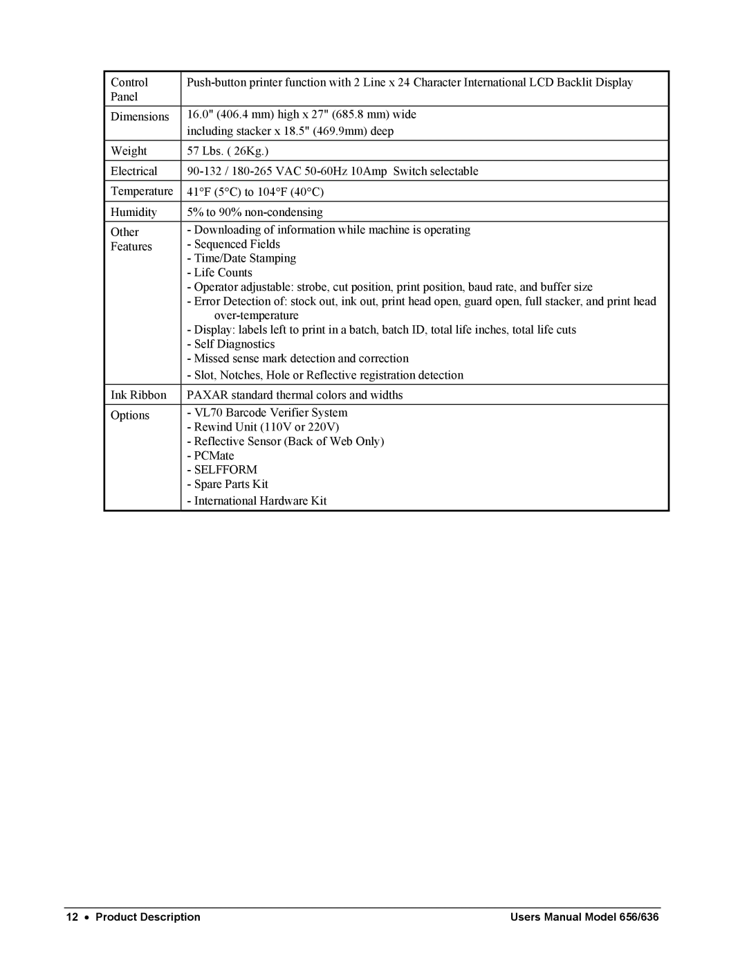 Paxar 656 / 636 user manual Selfform 