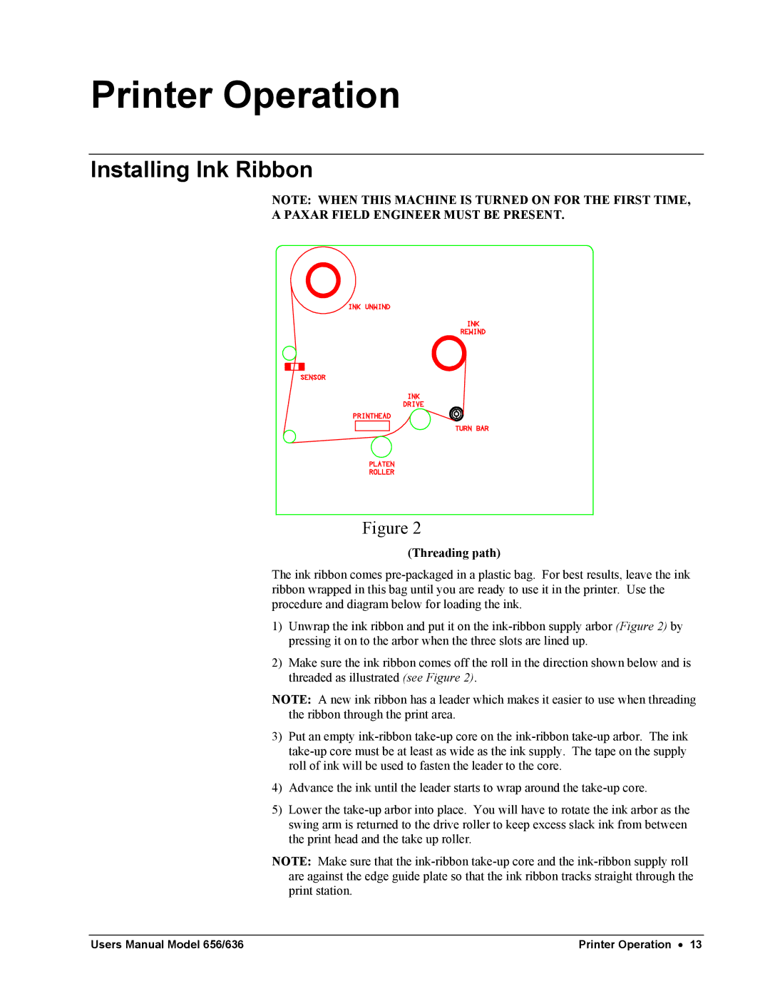 Paxar 656 / 636 user manual Printer Operation, Installing Ink Ribbon, Paxar Field Engineer Must be Present 