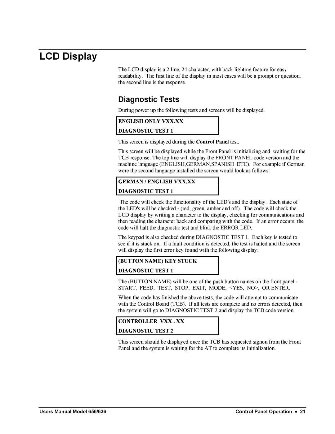 Paxar 656 / 636 user manual LCD Display, Diagnostic Tests 