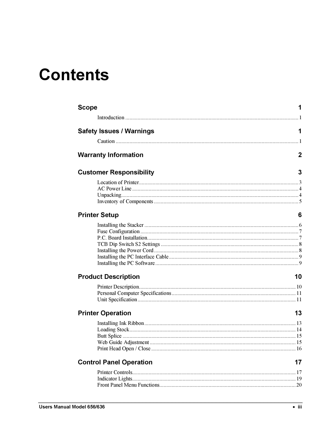 Paxar 656 / 636 user manual Contents 