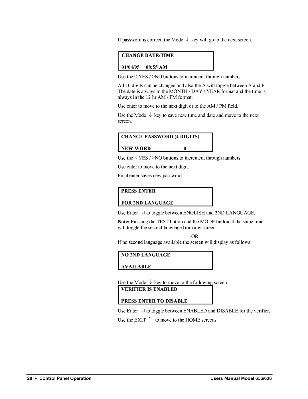 Paxar 656 / 636 user manual Change DATE/TIME, Change Password 4 Digits NEW Word, Press Enter For 2ND Language 