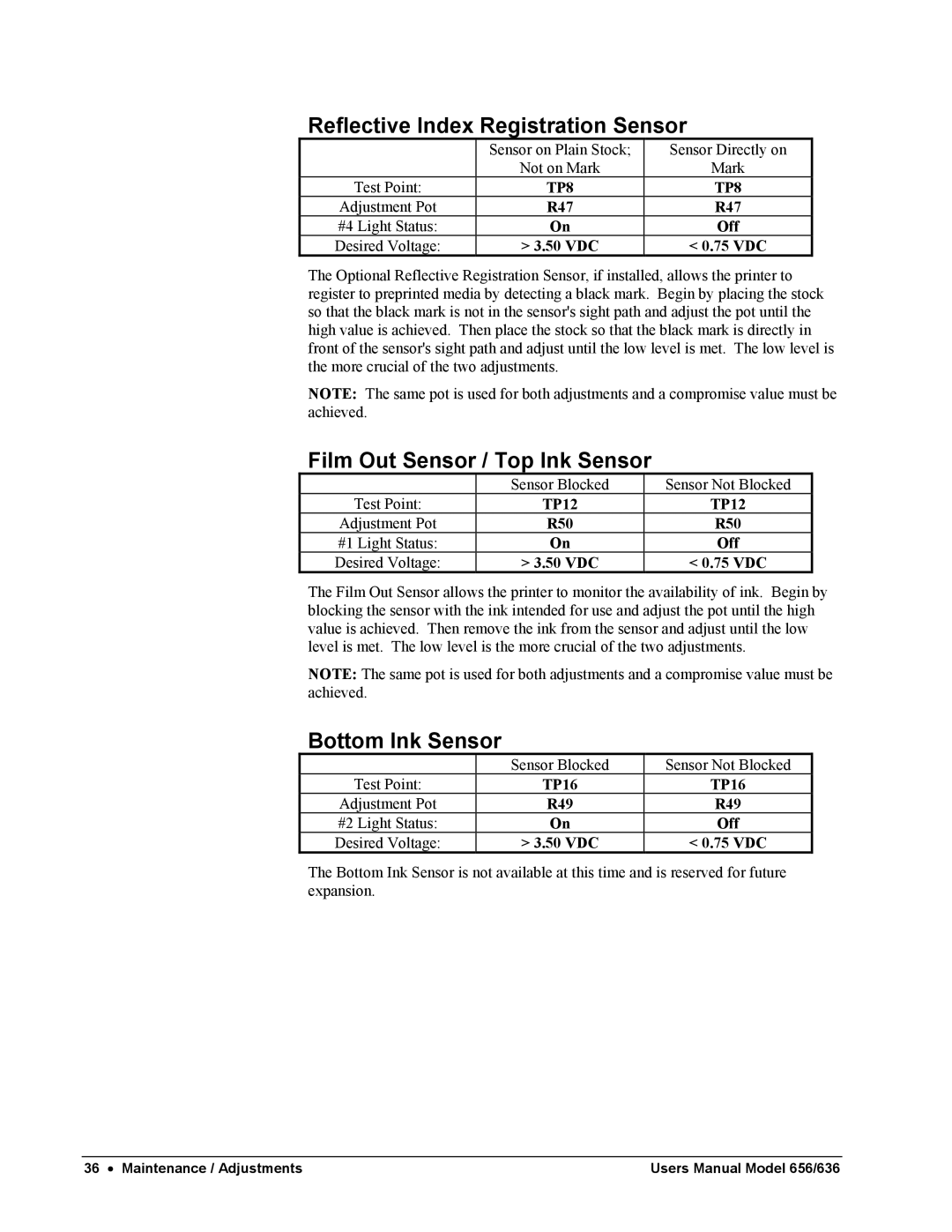 Paxar 656 / 636 user manual Reflective Index Registration Sensor, Film Out Sensor / Top Ink Sensor, Bottom Ink Sensor, TP8 