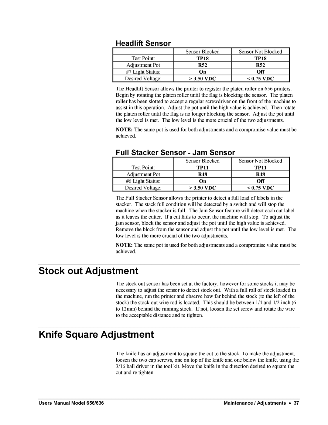 Paxar 656 / 636 user manual Stock out Adjustment, Knife Square Adjustment, Headlift Sensor, Full Stacker Sensor Jam Sensor 