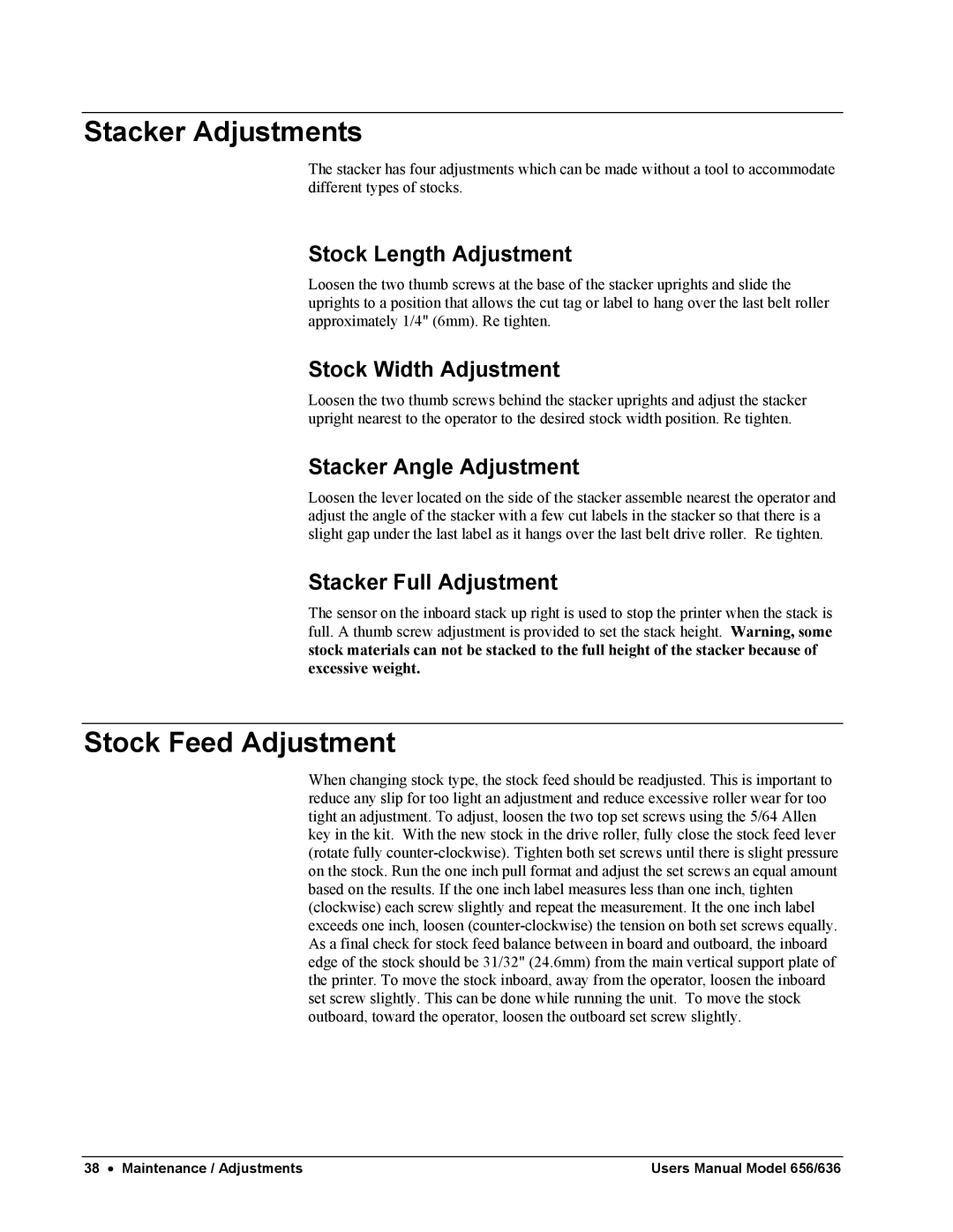 Paxar 656 / 636 user manual Stacker Adjustments, Stock Feed Adjustment 