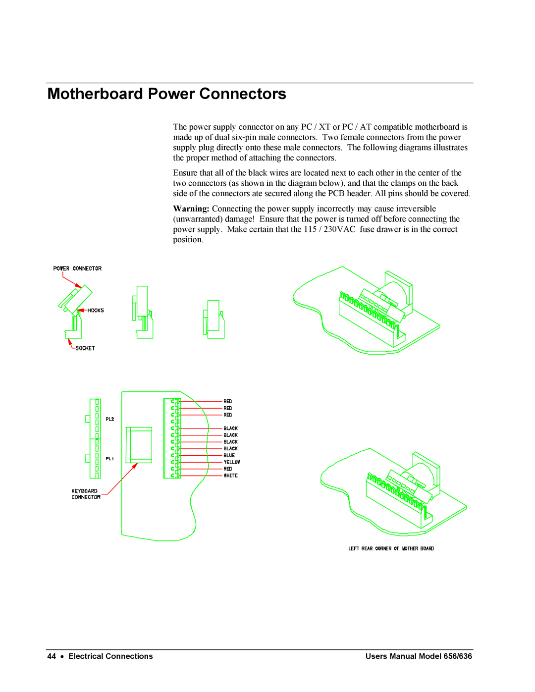 Paxar 656 / 636 user manual Motherboard Power Connectors 