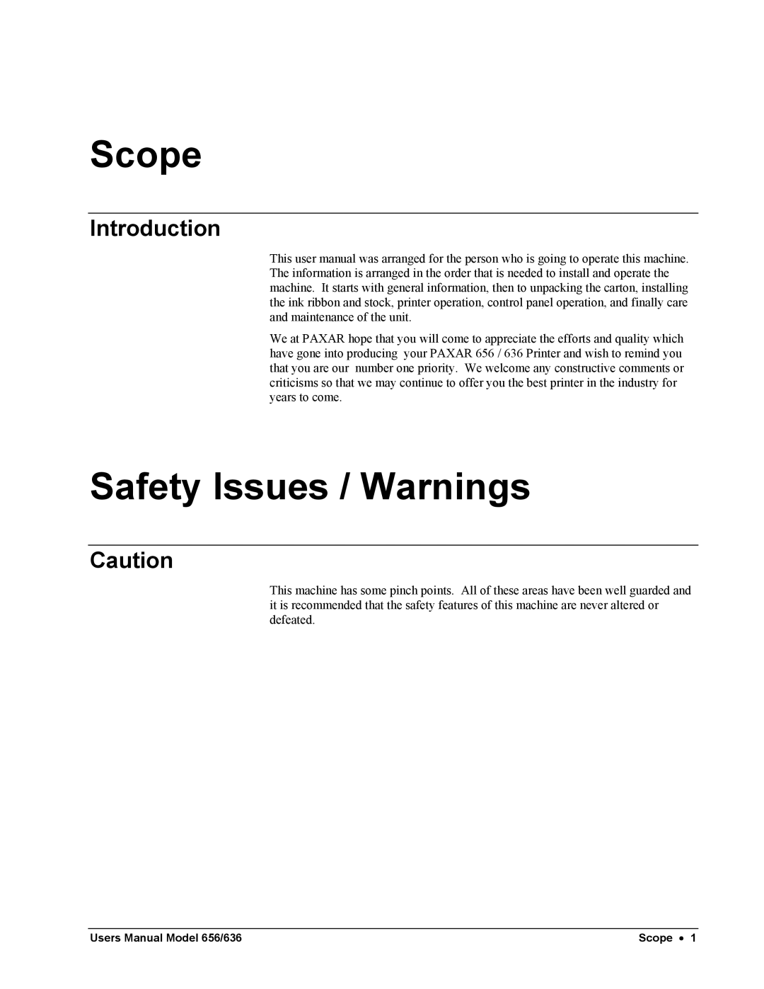 Paxar 656 / 636 user manual Scope, Safety Issues / Warnings, Introduction 