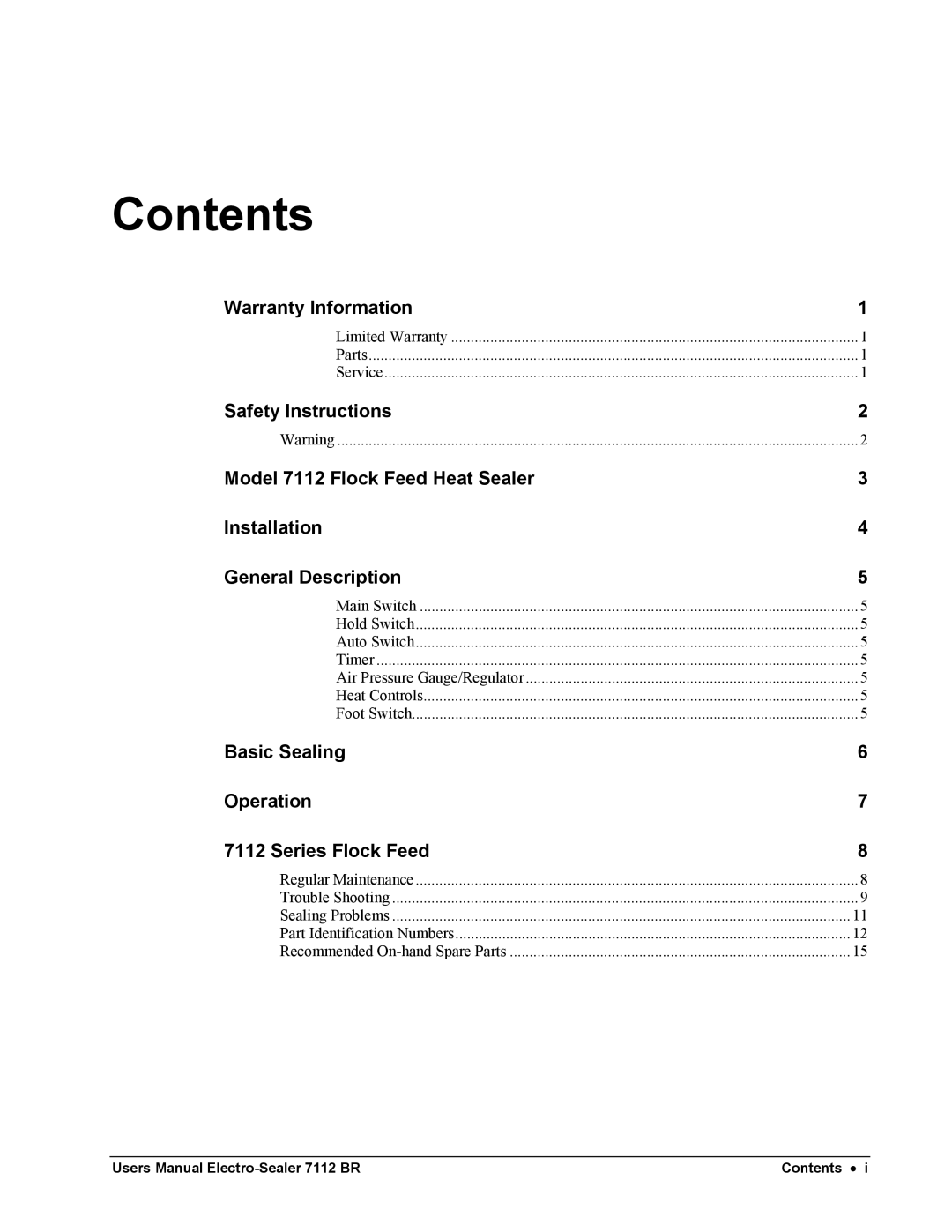 Paxar electro-sealer, 7112 ff user manual Contents 