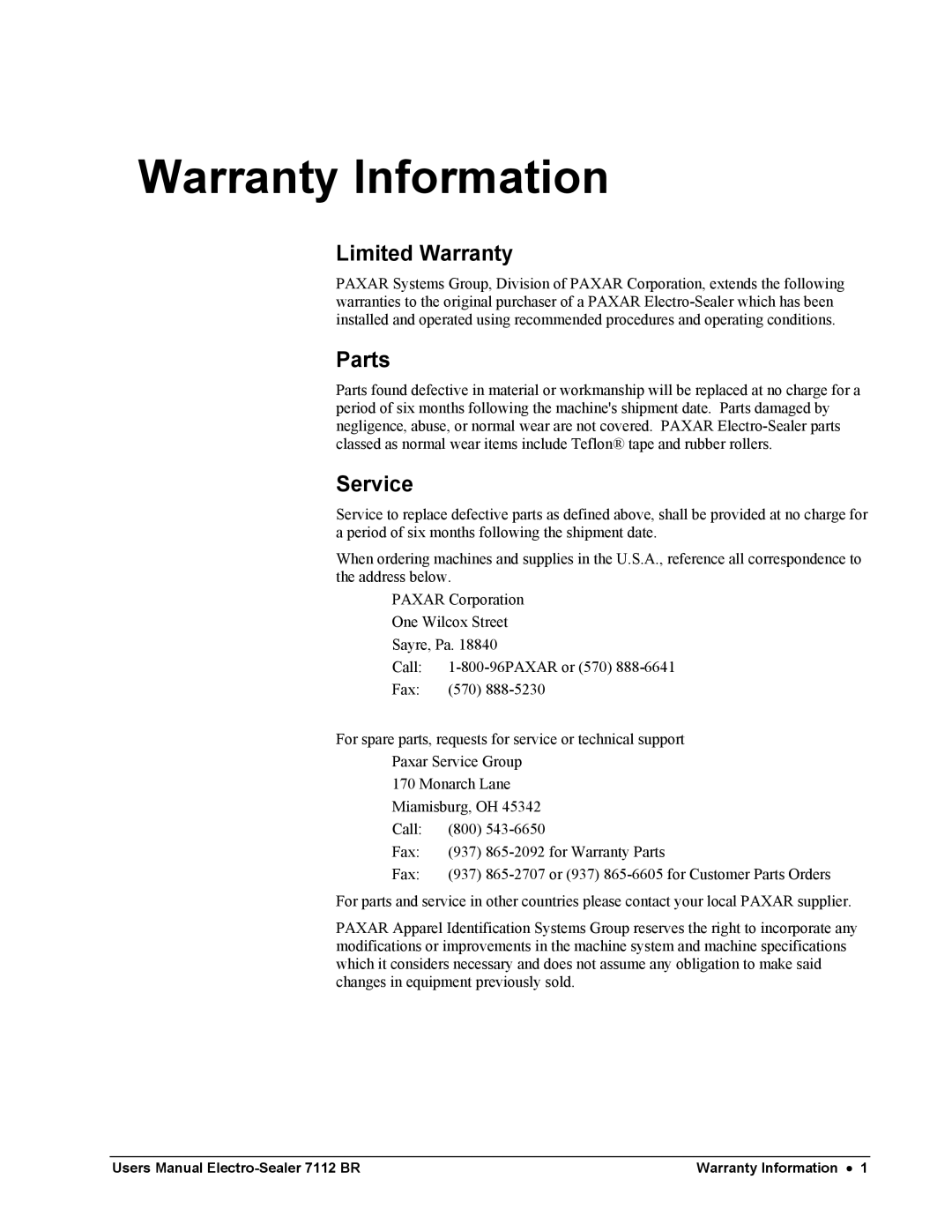 Paxar electro-sealer, 7112 ff user manual Warranty Information, Limited Warranty 