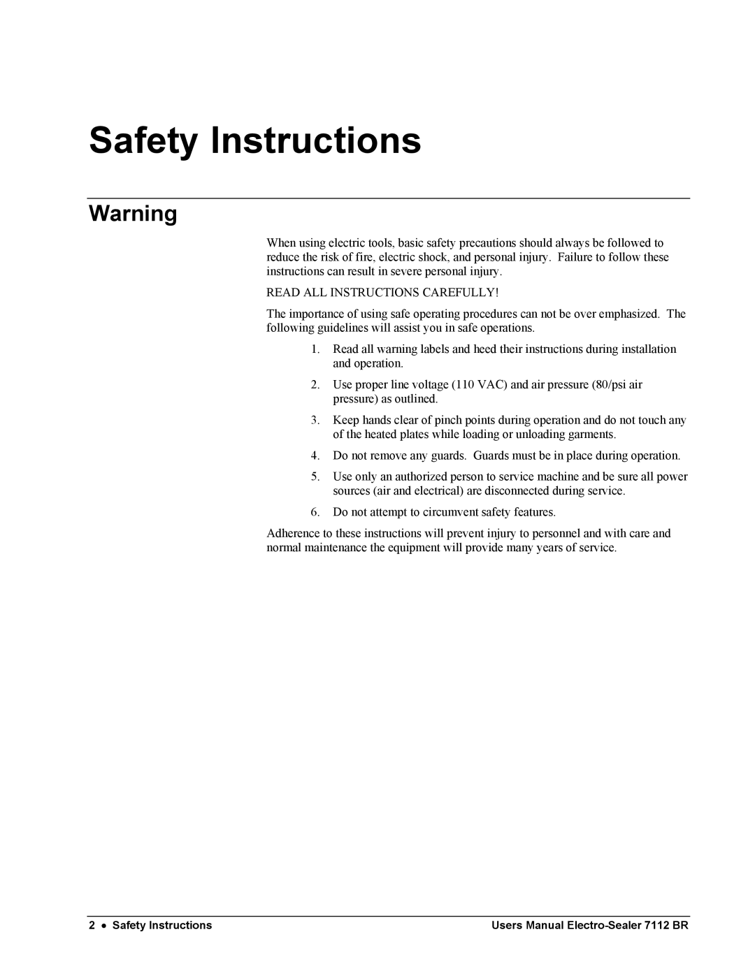 Paxar 7112 ff, electro-sealer user manual Safety Instructions, Read ALL Instructions Carefully 