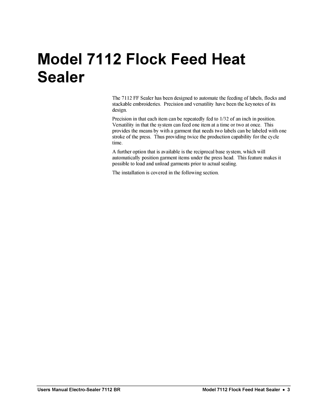 Paxar electro-sealer, 7112 ff user manual Model 7112 Flock Feed Heat Sealer 