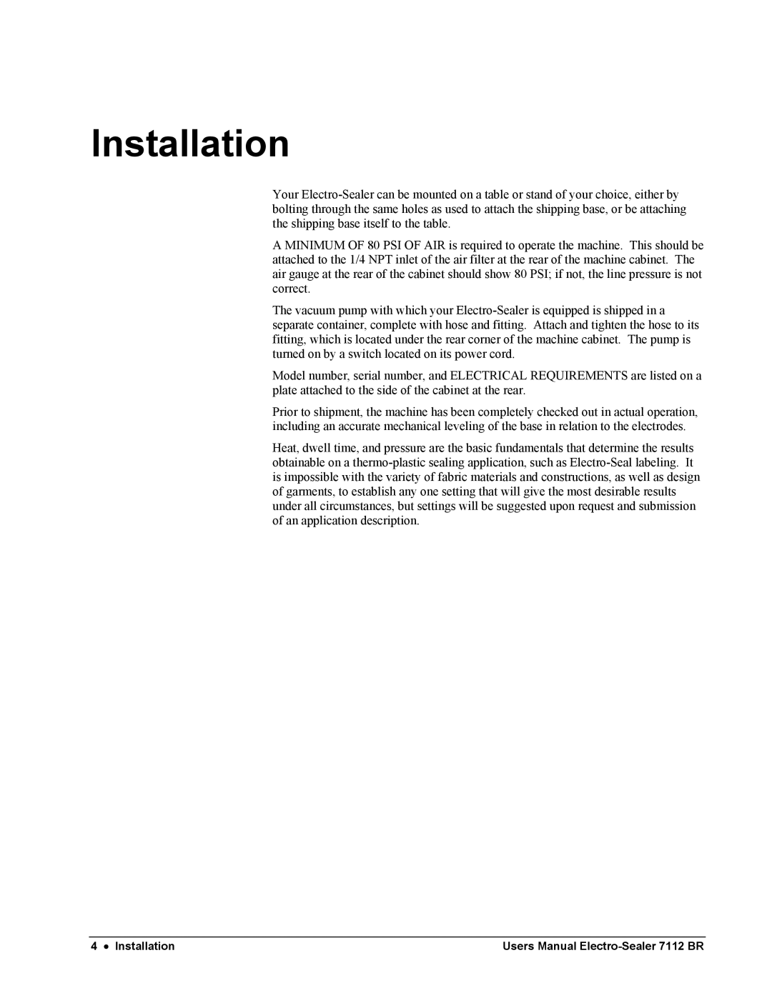 Paxar 7112 ff, electro-sealer user manual Installation 