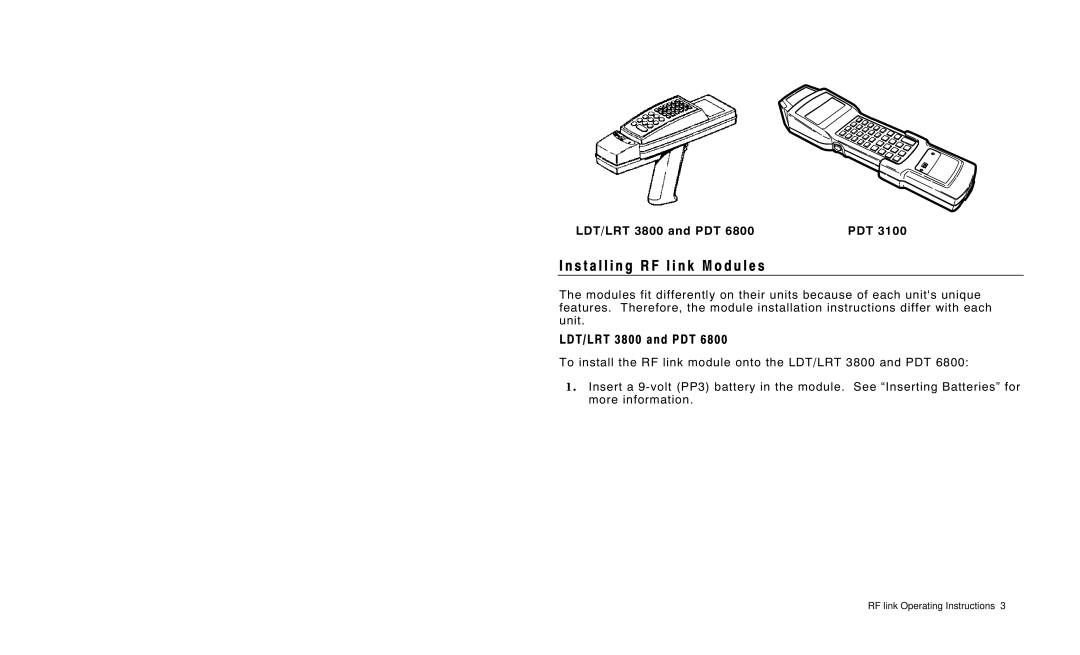 Paxar 7400 manual Install i n g R F l i n k M o d u l e s, LDT/LRT 3800 and PDT 