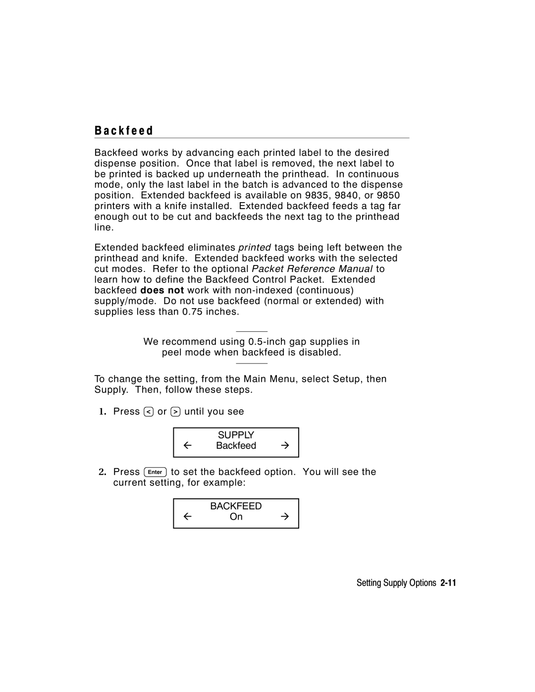 Paxar 917 manual C k f e e d, Backfeed 