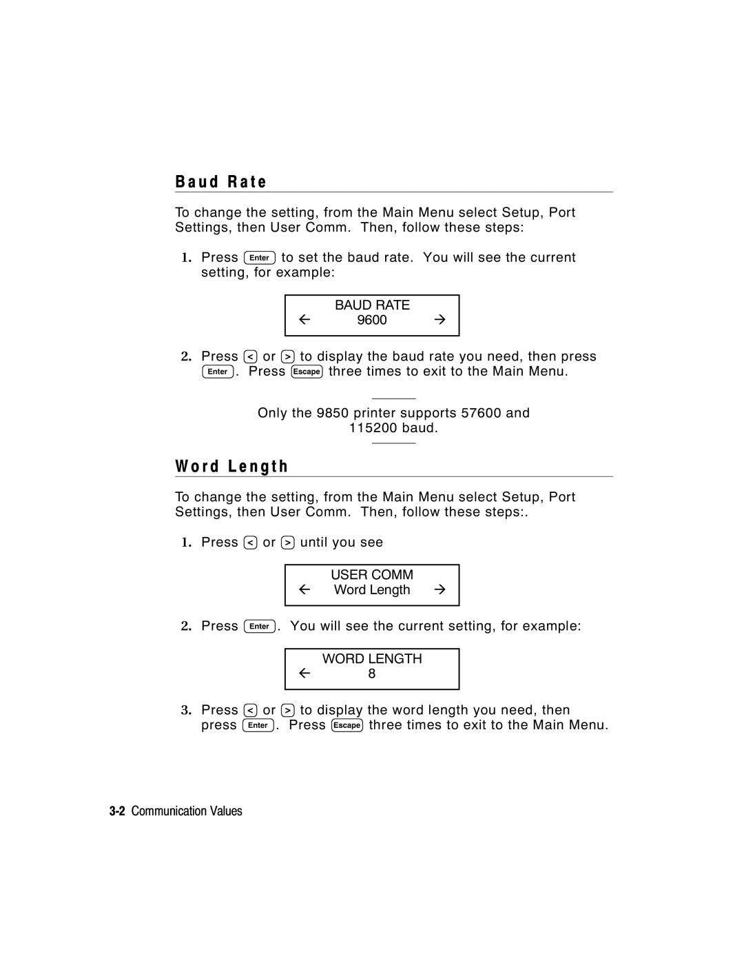 Paxar 917 manual U d R a t e, R d L e n g t h, Baud Rate, User Comm, Word Length 