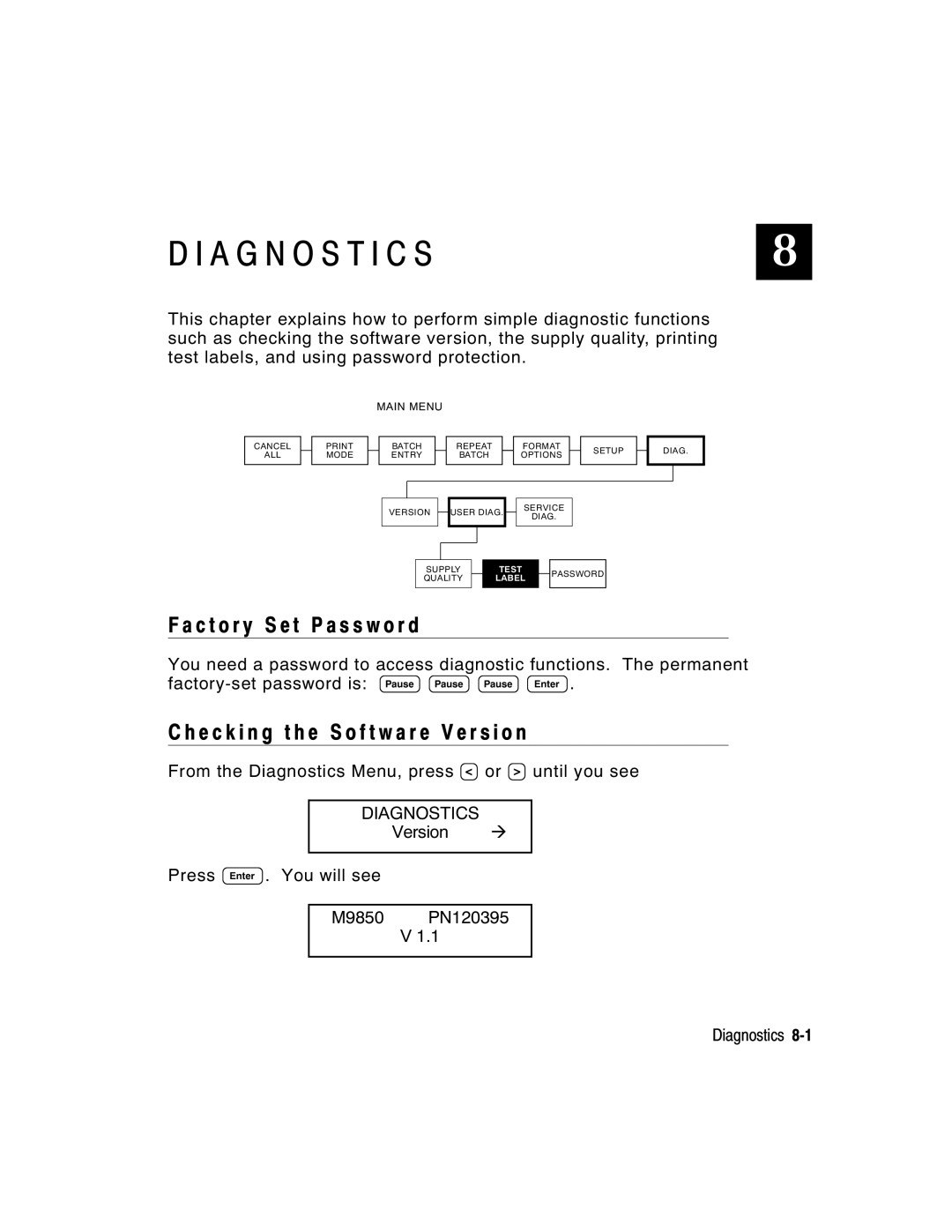 Paxar 917 manual C t o r y S e t P a s s w o r d, E c k i n g t h e S o f t w a r e V e r s i o n, Diagnostics 