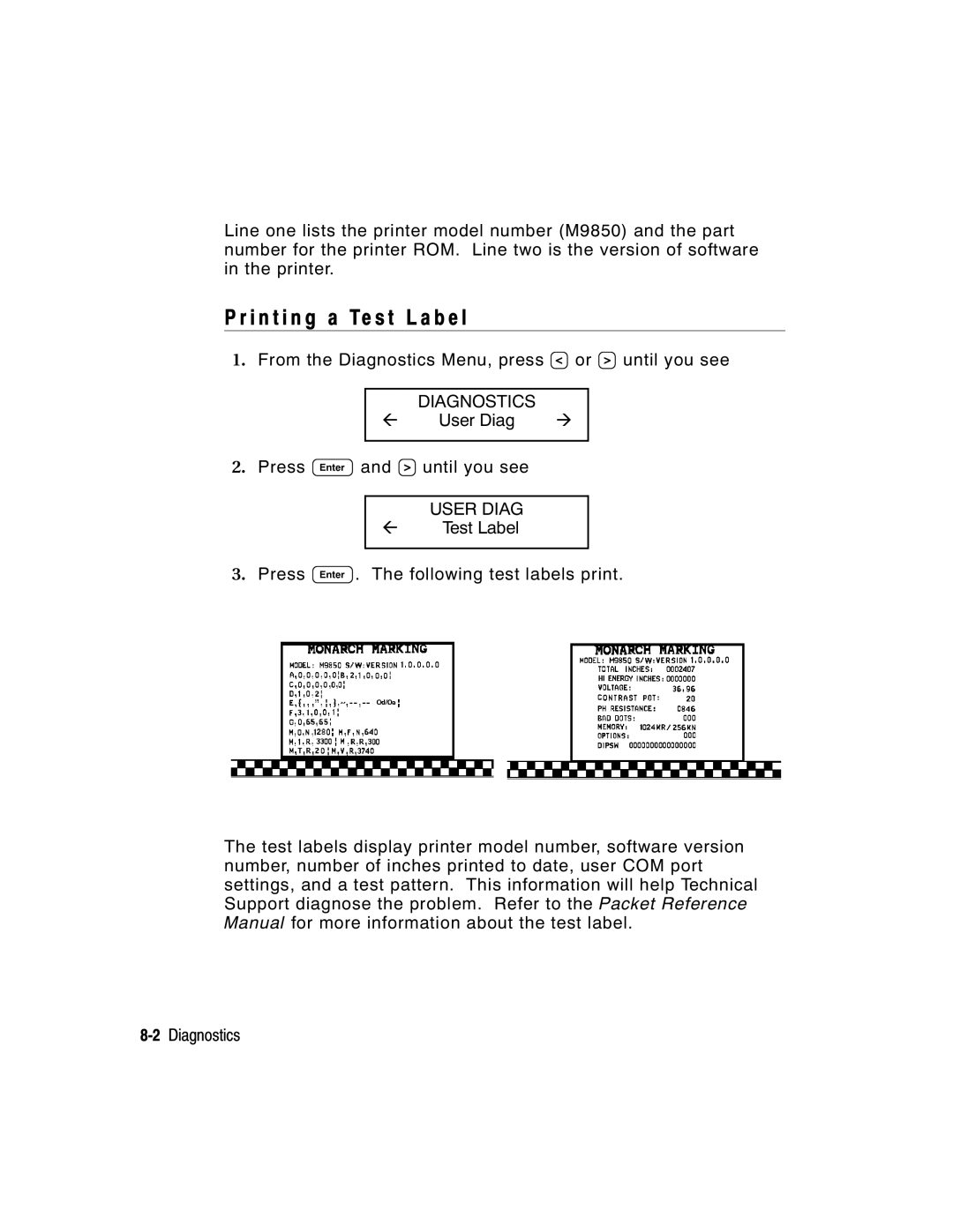 Paxar 917 manual I n t i n g a Te s t L a b e l, User Diag 