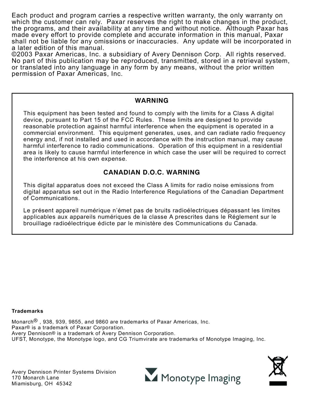 Paxar 939 manual Canadian D.O.C. Warning 